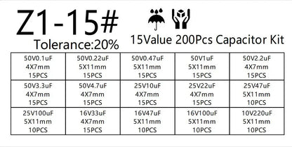Kit Surtido Capacitores Electrolíticos Radiales 15 Valores (10V-50V, 0.1uF-220uF) (Lote 200 Unidades)