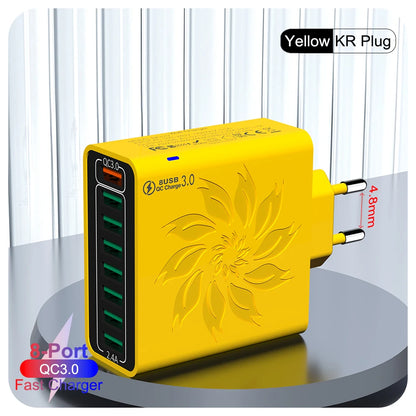 Cargador Rápido USB 8 Puertos QC5.0 120W Adaptador Corriente Enchufe EU/US/KR para iPhone 13/14/15/Xiaomi/Samsung