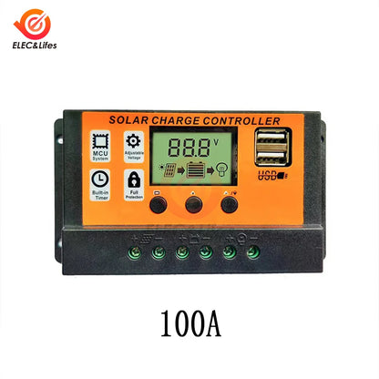 Controlador Carga Solar 100A 12V/24V Regulador Batería Panel Solar LCD Ajustable con Puerto USB