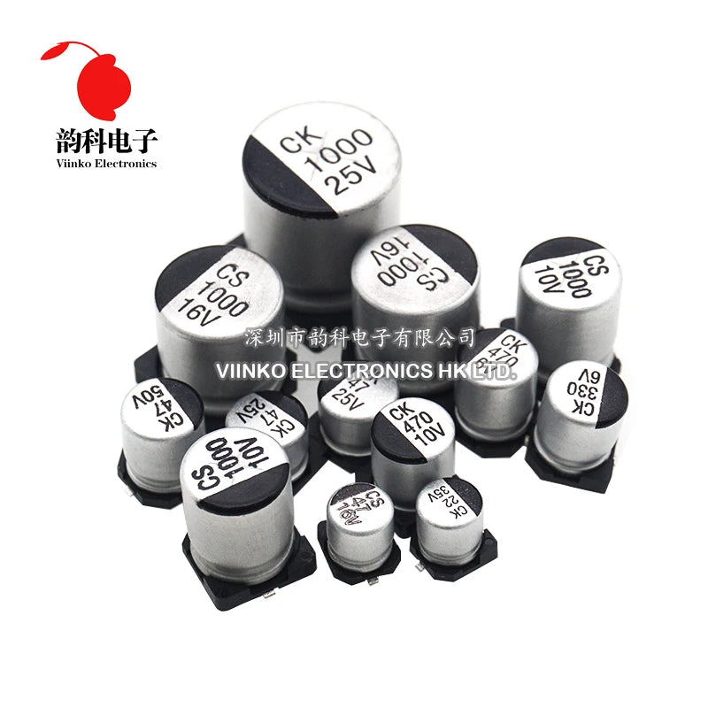 Capacitor Electrolítico Aluminio SMD (1uF-1000uF, 6.3V-50V) - Pack 10 Unidades (Valores Surtidos)