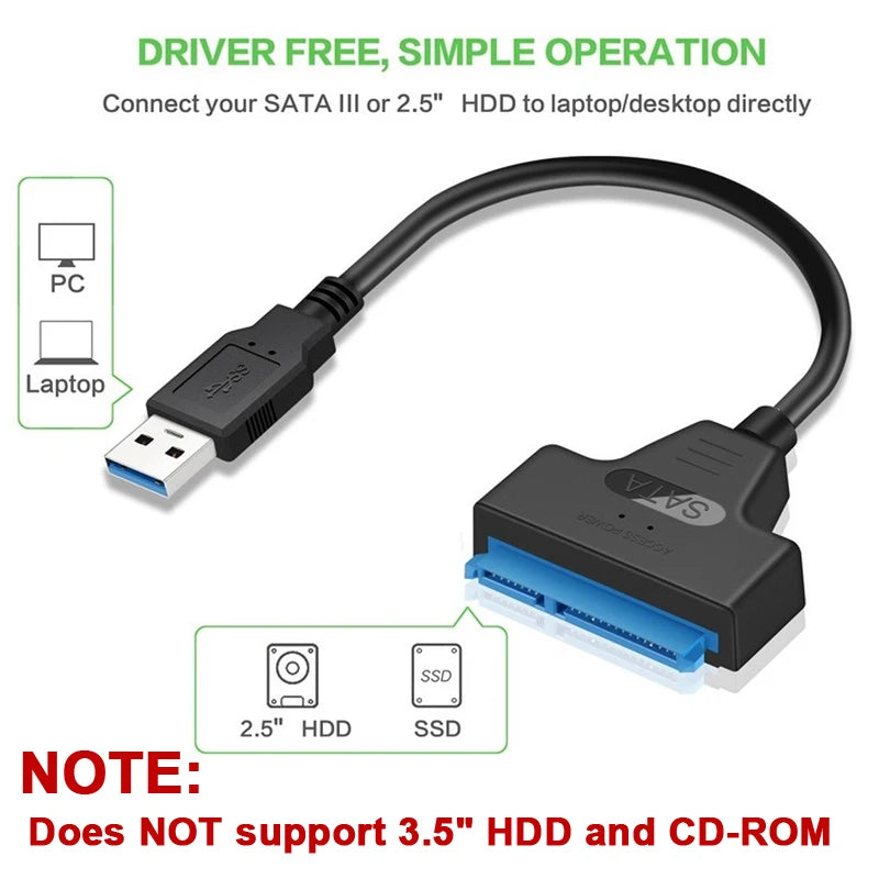 Cable Adaptador SATA III (22 Pines) a USB 3.0/2.0 (Hasta 6 Gbps) para Disco Duro HDD/SSD Externo 2.5"