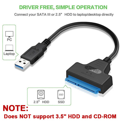 Cable Adaptador SATA III (22 Pines) a USB 3.0/2.0 (Hasta 6 Gbps) para Disco Duro HDD/SSD Externo 2.5"