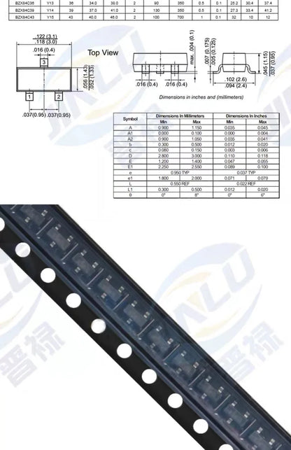 Diodo Zener SMD SOT-23 BZX84C (3V-47V) - Pack 100 Unidades (Valores Surtidos)