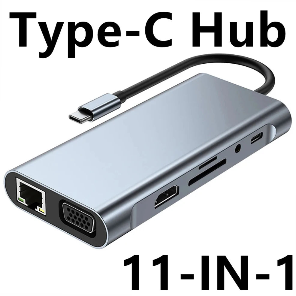 Hub USB-C Docking Station 11-en-1 Tipo-C a HDMI 4K, VGA, RJ45, PD 100W, USB para PC Accesorios Computador