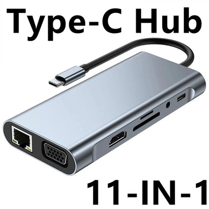 Hub USB-C Docking Station 11-en-1 Tipo-C a HDMI 4K, VGA, RJ45, PD 100W, USB para PC Accesorios Computador