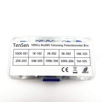 100Pcs/Box RM065 Carbon Film Horizontal Trimpot Potentiometer Assortment Kit 10 Values Variable Resistor 500R 1K 2K 5K 10K -1M