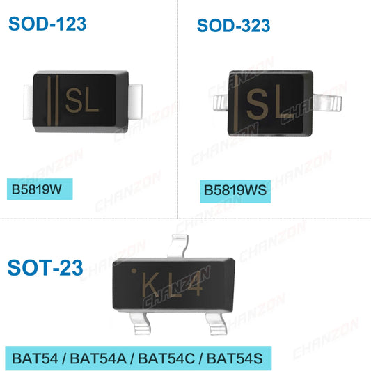 Diodo Rectificador Schottky SMD - Varios Tipos (B5819W, BAT54 series) 30V/40V 200mA/1A - Lote 100 Piezas