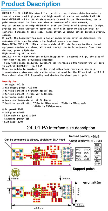 Módulo Transmisión Datos Inalámbrico NRF24L01+PA+LNA 2.4GHz (Versión Mejorada, 1000 Metros) para Arduino
