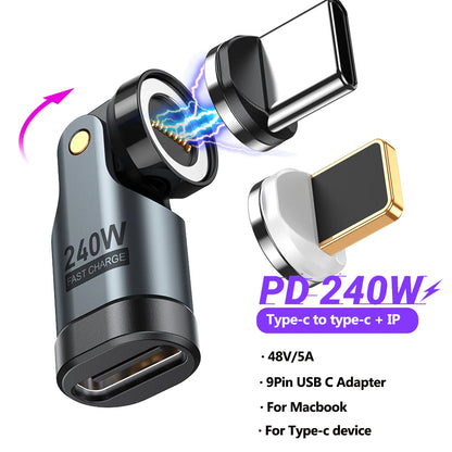 Adaptador Magnético AUFU USB-C Hembra a Tipo C Macho 9 Pines (240W Carga Rápida) Convertidor para iPhone 15/16/Laptop/Macbook/Samsung