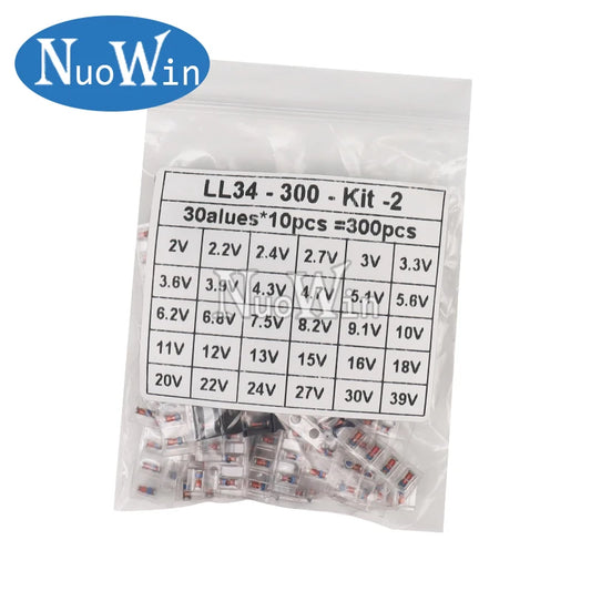 Kit Muestrario Diodos Zener SMD LL34 (0.5W / 1/2W, 2V-39V, 30 Valores x 10 Unidades) DIY - Pack 300 Piezas