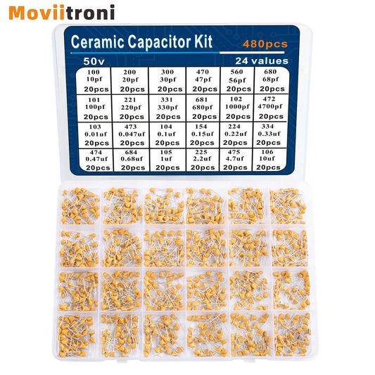 Kit Surtido Capacitores Cerámicos 24 Valores (0.1uF-10uF) para Guitarra (480 Unidades)