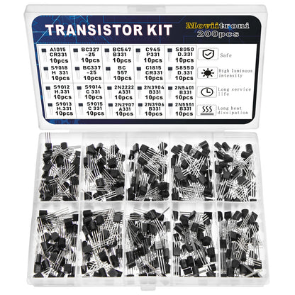 Kit Transistores BJT Potencia Bipolar (A1015/BC327/BC337/C1815/S8050/S8850/2N2222/2N2907/2N3904/2N3906, PNP/NPN) Kit Electrónico (200 Piezas)