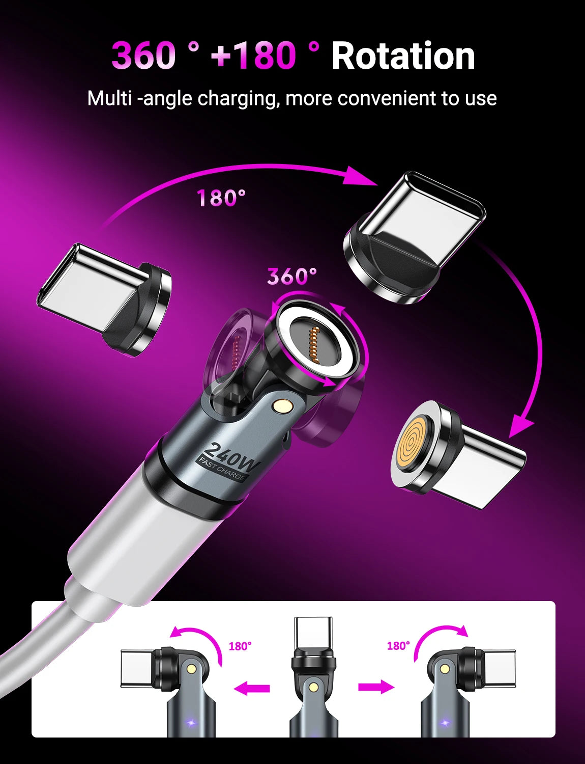 Adaptador Magnético OTG AUFU 9 Pines Tipo C Hembra a Tipo C/iOS/Micro Macho (PD 240W Carga Rápida) Convertidor para iPhone/Laptop