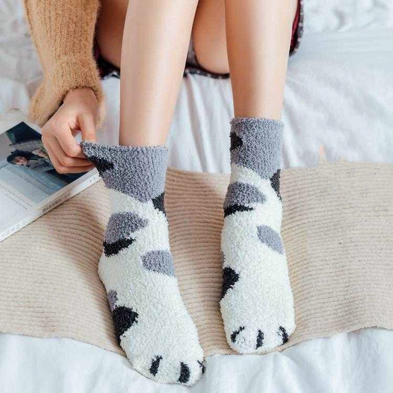 Calcetines Blancos Mujer Felpa Cálidos Diseño Kawaii Cartoon Patita Gato/Perro 3D Divertidos para Casa/Dormir