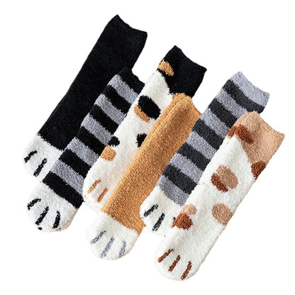 Calcetines Blancos Mujer Felpa Cálidos Diseño Kawaii Cartoon Patita Gato/Perro 3D Divertidos para Casa/Dormir