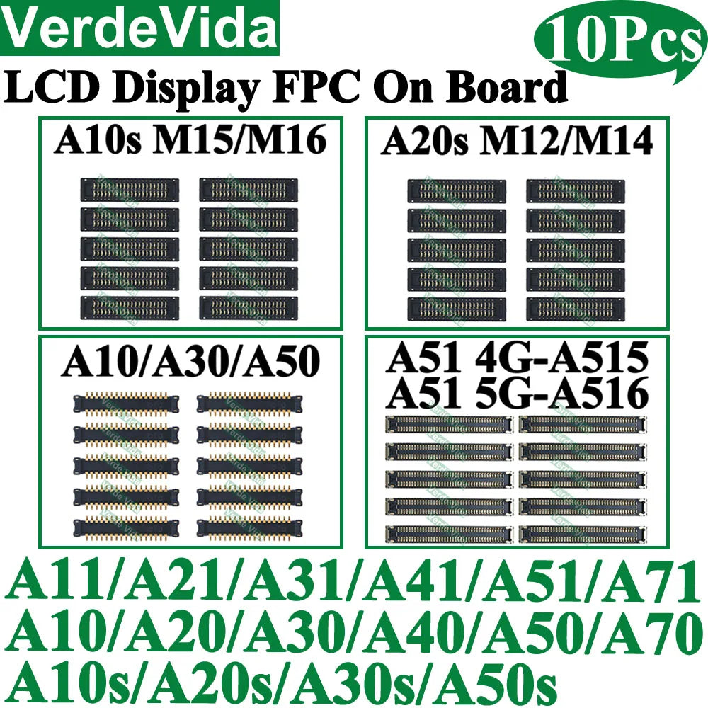 Conector FPC Pantalla LCD en Placa para Samsung Galaxy A10/A20/A21/A30S/A40/A50/A51/A70S / M12/M14/M15/M16 (10 Unidades)