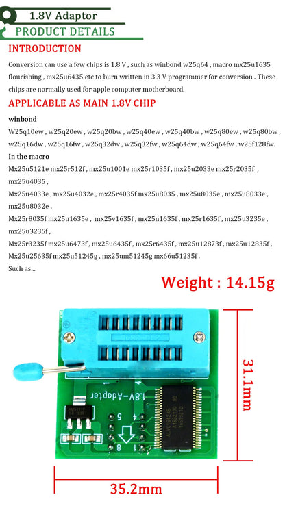 Kit Programador USB CH341A 24/25 Series EEPROM Flash BIOS + Clip Test SOIC8/SOP8 + Adaptador 1.8V + Adaptador SOIC8