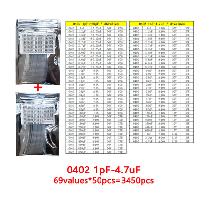 Kit Muestrario Capacitores SMD 0402 (1pF-4.7uF, 69 Valores x 50 Unidades) - Pack 3450 Piezas