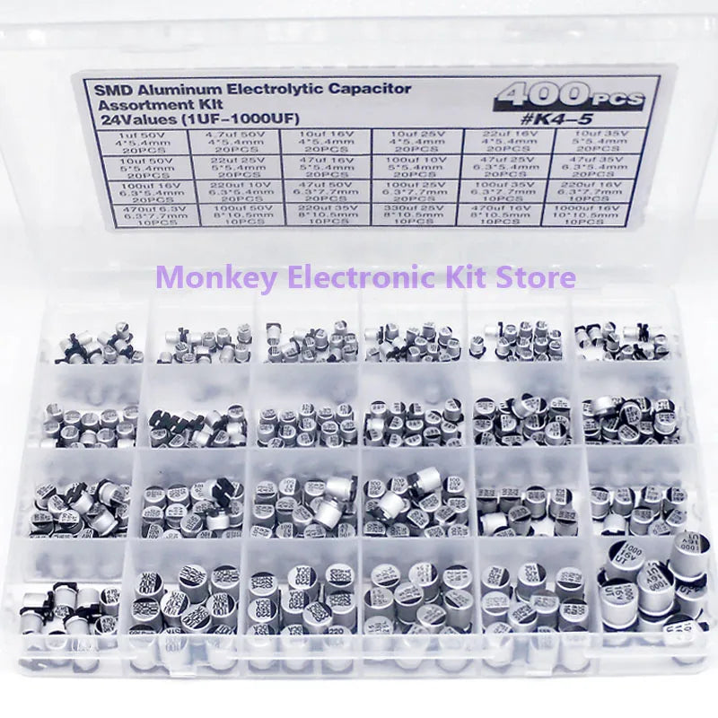 Kit Surtido Capacitor Electrolítico Aluminio SMD (1uF-1000uF, 6.3V-50V, 24 Valores) con Caja - Pack 400 Piezas