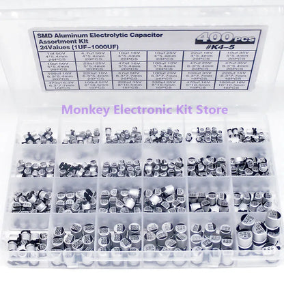 Kit Surtido Capacitor Electrolítico Aluminio SMD (1uF-1000uF, 6.3V-50V, 24 Valores) con Caja - Pack 400 Piezas