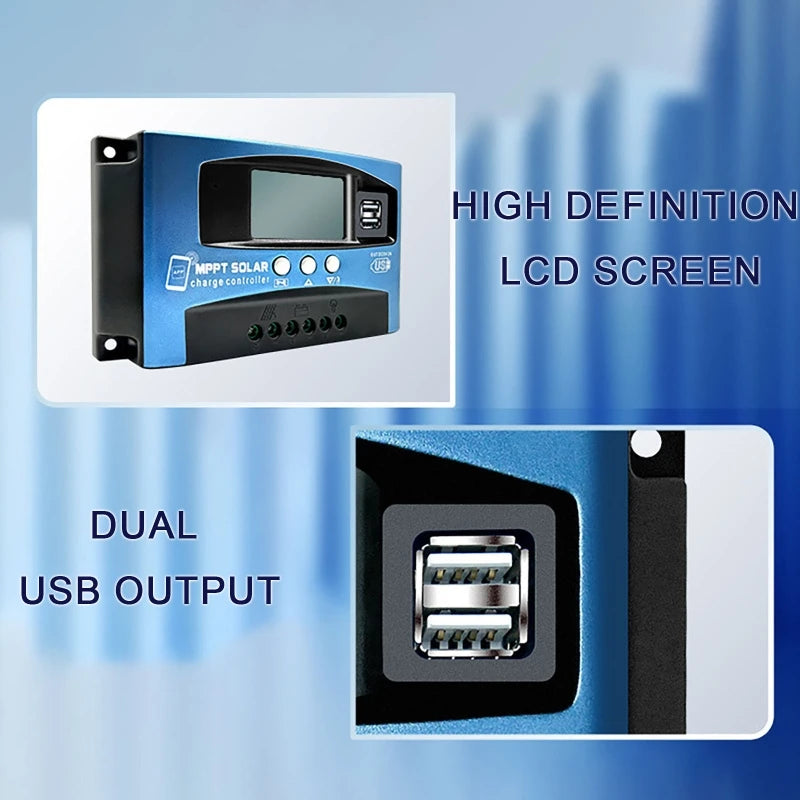 Controlador Carga Solar MPPT 30A-100A 12V-60V Bluetooth LCD Dual USB para Batería Plomo-Ácido/Litio