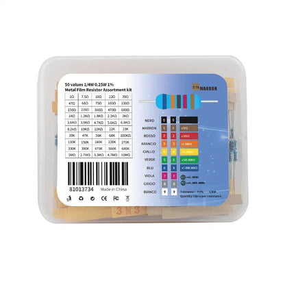Kit Surtido Resistencias Película Metálica 1/4W 1% (1 Ohm - 10M Ohm) Caja DIY Electrónico (500/600/2600 Unidades)