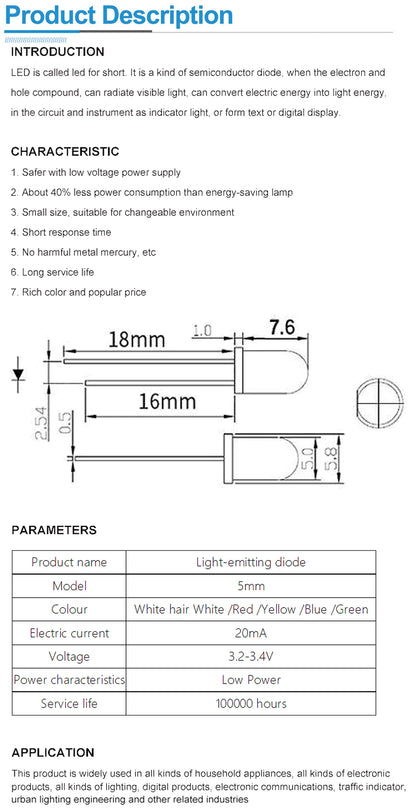 Kit Surtido Diodos LED 3mm/5mm (Blanco/Amarillo/Rojo/Verde/Azul) para DIY Electrónico (100 Piezas)
