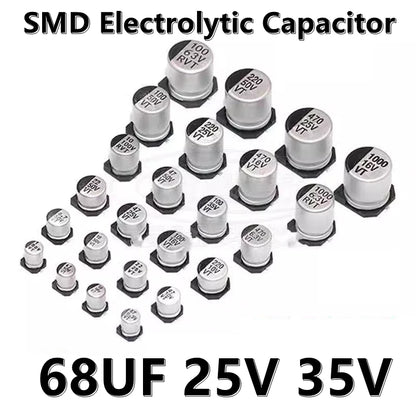 Capacitor Electrolítico SMD (68uF, 25V/35V, 6.3x5.4mm / 6.3x7.7mm) - Pack 20 Unidades