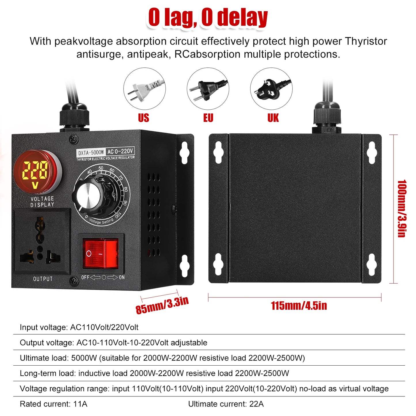 Regulador Voltaje AC 220V 4000W/5000W SCR Dimmer Ajustable Velocidad/Temperatura/Luz