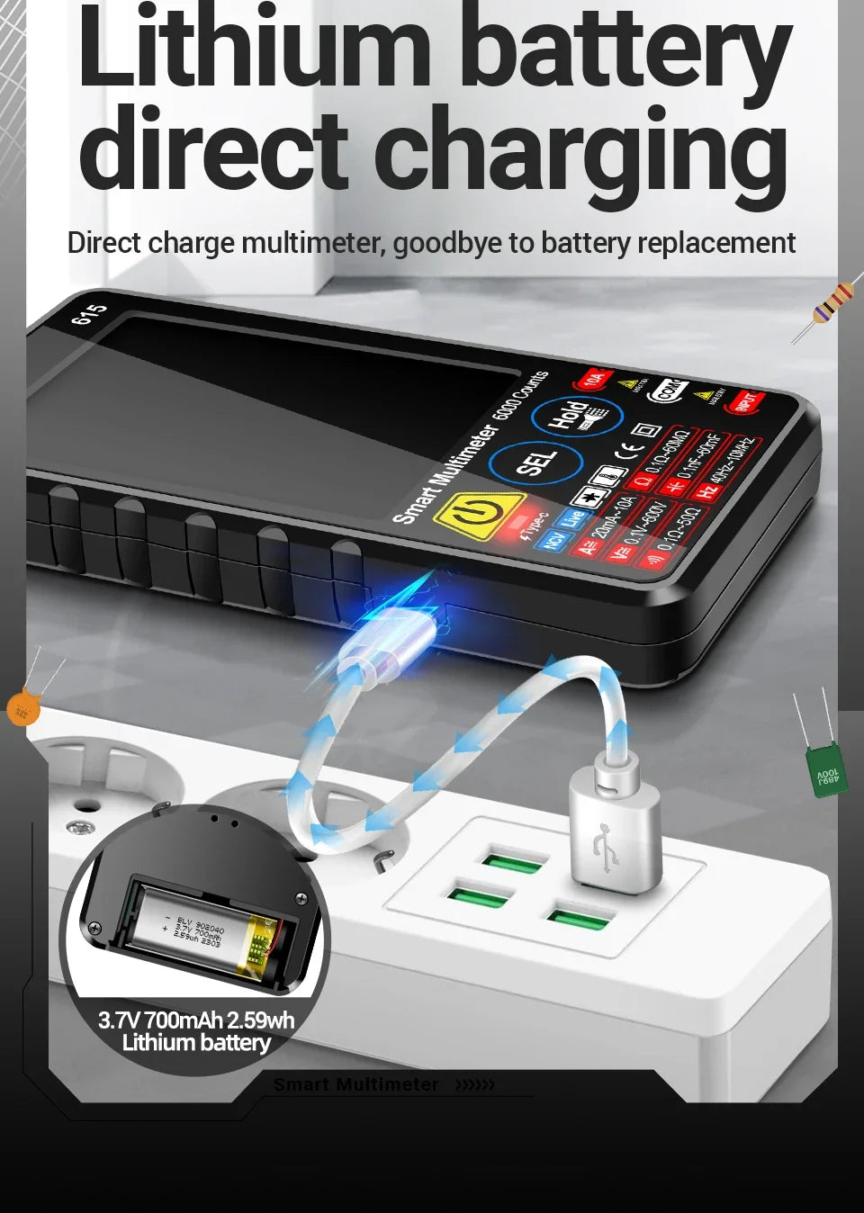 Multímetro Digital Inteligente ANENG AN-615 - Táctil Recargable (6000 Cuentas) Tester Voltaje/Corriente AC/DC
