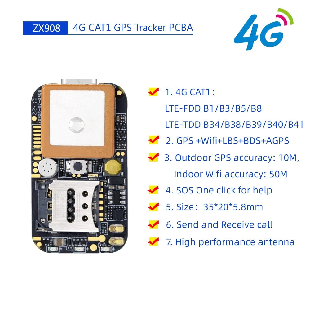 Módulo PCB Tracker GPS ZX908 LTE CAT-1 4G (Chip Seguimiento más Pequeño del Mundo) para Desarrollo Mini Trackers 4G