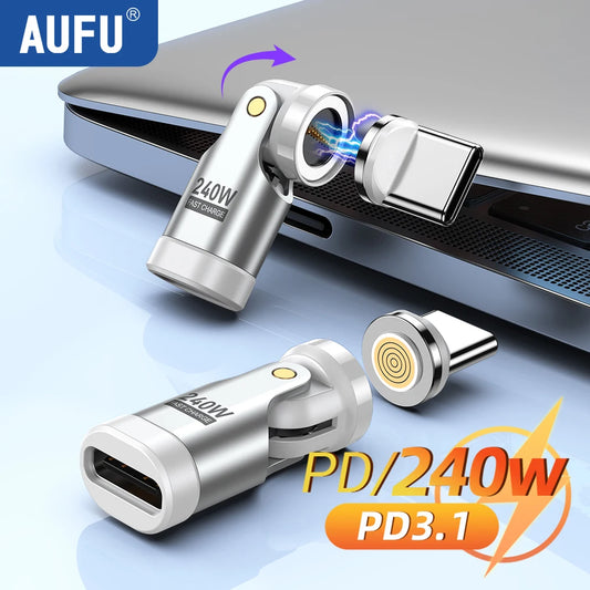 Adaptador Magnético AUFU USB-C Hembra a Tipo C Macho 9 Pines (240W Carga Rápida) Convertidor para iPhone 15/16/Laptop/Macbook/Samsung