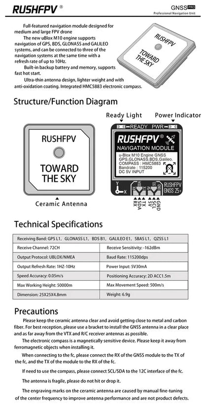 Módulo GPS GNSS RUSHFPV M10 Micro Pro Mini (10Hz, Antena Cerámica Integrada) para Drones RC FPV Freestyle