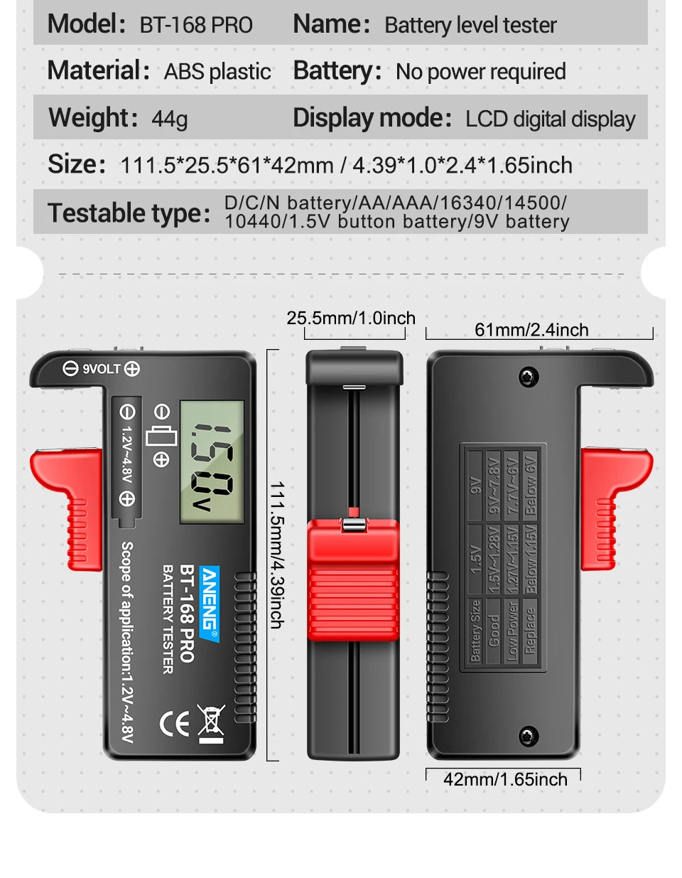 Probador Baterías Digital ANENG BT-168 PRO (Analizador Carga Capacidad) Universal para 9V/AAA/AA/Pila Botón
