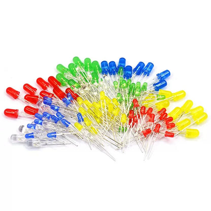 Kit Surtido Diodos LED 3mm/5mm (Blanco/Amarillo/Rojo/Verde/Azul) para DIY Electrónico (100 Piezas)