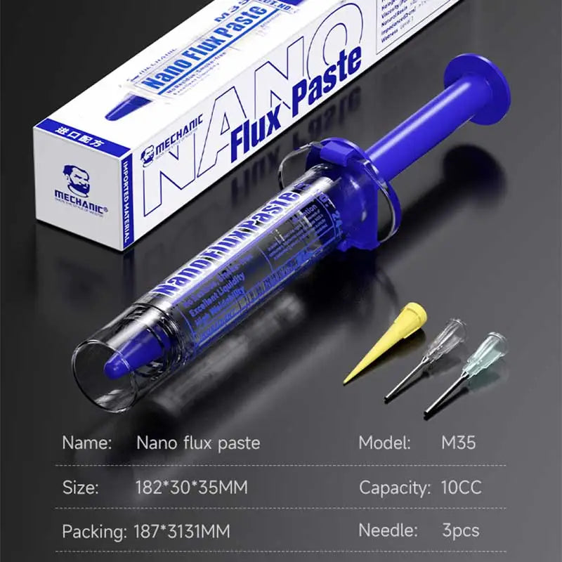 Flux Pasta Nano MECHANIC M35 (10cc) con 3 Agujas para Chip/Placa Base (Alto Rendimiento Reparación) Herramienta Soldadura