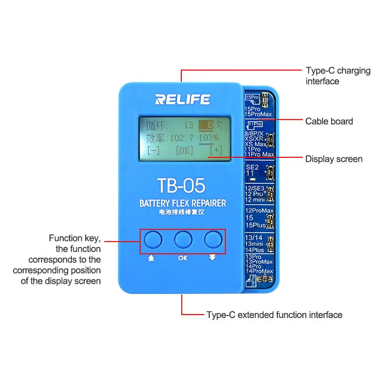 RELIFE TB-05 Battery Repair Instrument Tag On Flex Setup-free For IPhone 8G-16PM Battery Health Data Reading Writing Fix Tools
