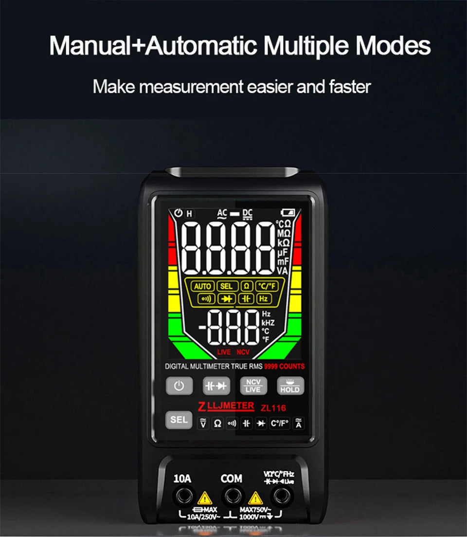 Multímetro Digital Inteligente USB (9999 Cuentas) - Pantalla Grande, AC/DC, Capacitancia, Ohm, Hz, Temp