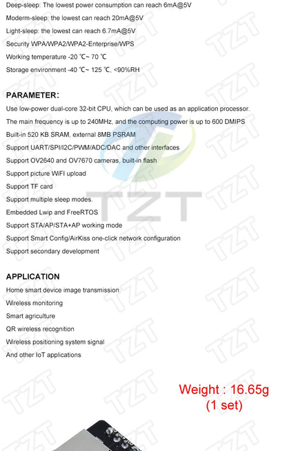 Placa Desarrollo DIYTZT ESP32 (ESP-32/ESP-32S/ESP32-CAM/ESP-WROOM-32) WiFi + Bluetooth Doble Núcleo Bajo Consumo