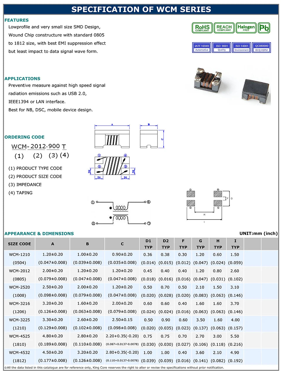 Choque Modo Común SMD 0805 WCM-2012 - Varios Valores (67Ω a 1KΩ) - Lote 20 Piezas