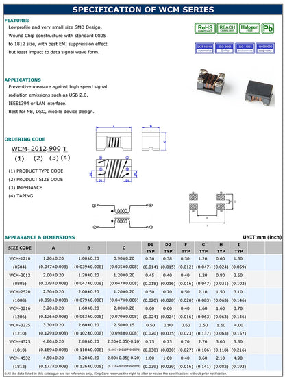 Choque Modo Común SMD 0805 WCM-2012 - Varios Valores (67Ω a 1KΩ) - Lote 20 Piezas
