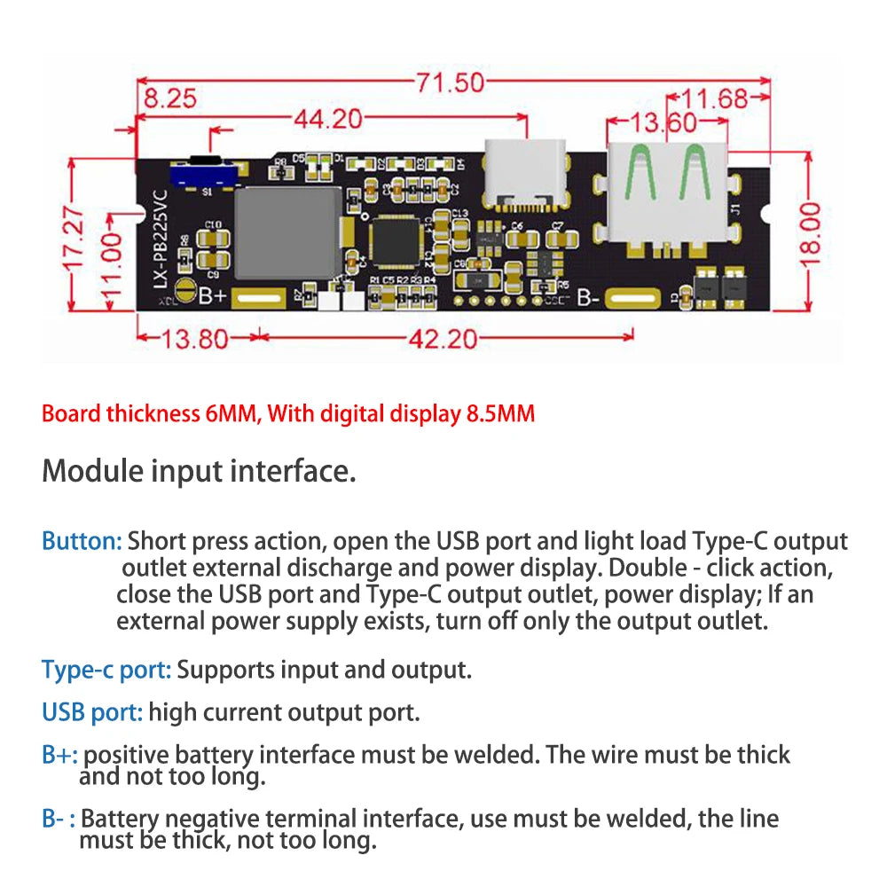 Módulo Power Bank Carga Rápida Bidireccional 22.5W DIY con Display Digital (USB/Tipo-C, Soporta VOOC)