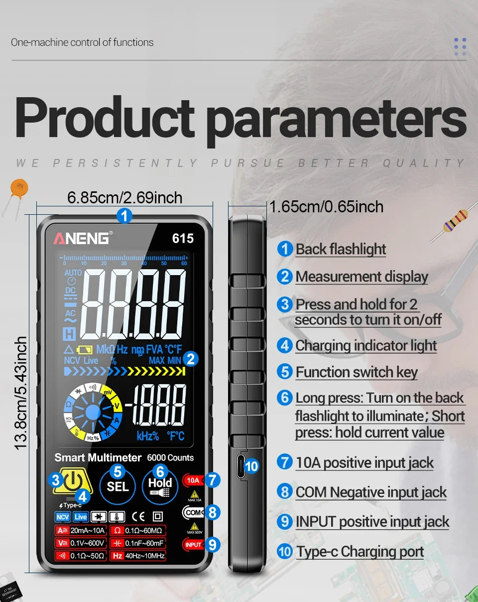 Multímetro Digital Inteligente ANENG AN-615 - Táctil Recargable (6000 Cuentas) Tester Voltaje/Corriente AC/DC