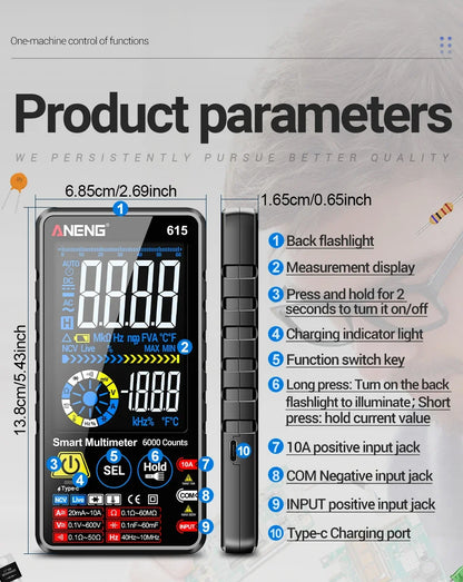 Multímetro Digital Inteligente ANENG AN-615 - Táctil Recargable (6000 Cuentas) Tester Voltaje/Corriente AC/DC