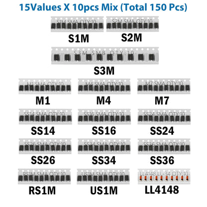 Diodo SMD - Varios Tipos: Schottky / Fast Recovery / Switching / Rectificador (M1-M7, S1M-S3M, SS14-SS36, LL4148, etc.) - Lote 100 Piezas