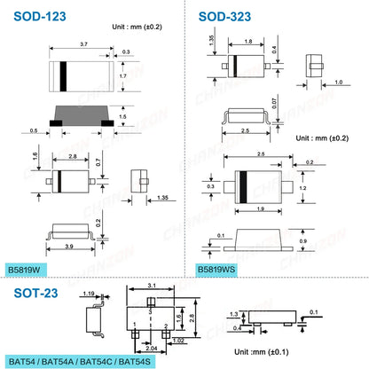 Diodo Rectificador Schottky SMD - Varios Tipos (B5819W, BAT54 series) 30V/40V 200mA/1A - Lote 100 Piezas