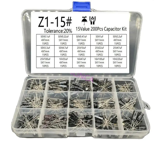 Kit Surtido Capacitores Electrolíticos Radiales 15 Valores (10V-50V, 0.1uF-220uF) (Lote 200 Unidades)