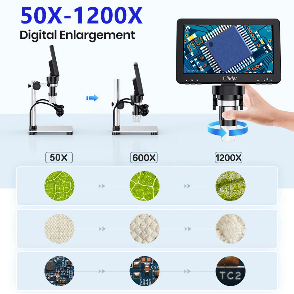 Elikliv DM9 7 Inch 50X-1200X Digital Microscope Adjustable HD LCD Video Microscops Camera For PCB Electronics Soldering Tool