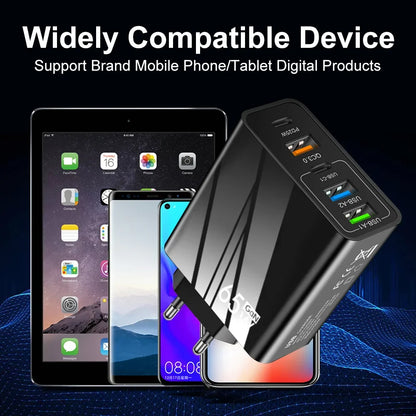 Cargador Pared Rápido 65W (PD + 3 USB-A 3.1A) Adaptador Viaje Multi-Interfaz Enchufe EU/US para Samsung/Xiaomi/iPhone