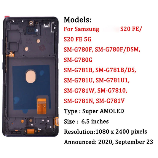 Pantalla LCD AMOLED de 6,5 pulgadas para Samsung S20 FE S20 Fan Edition, montaje de digitalizador táctil para S20 FE 5G SM-G780F SM-G781B LCD